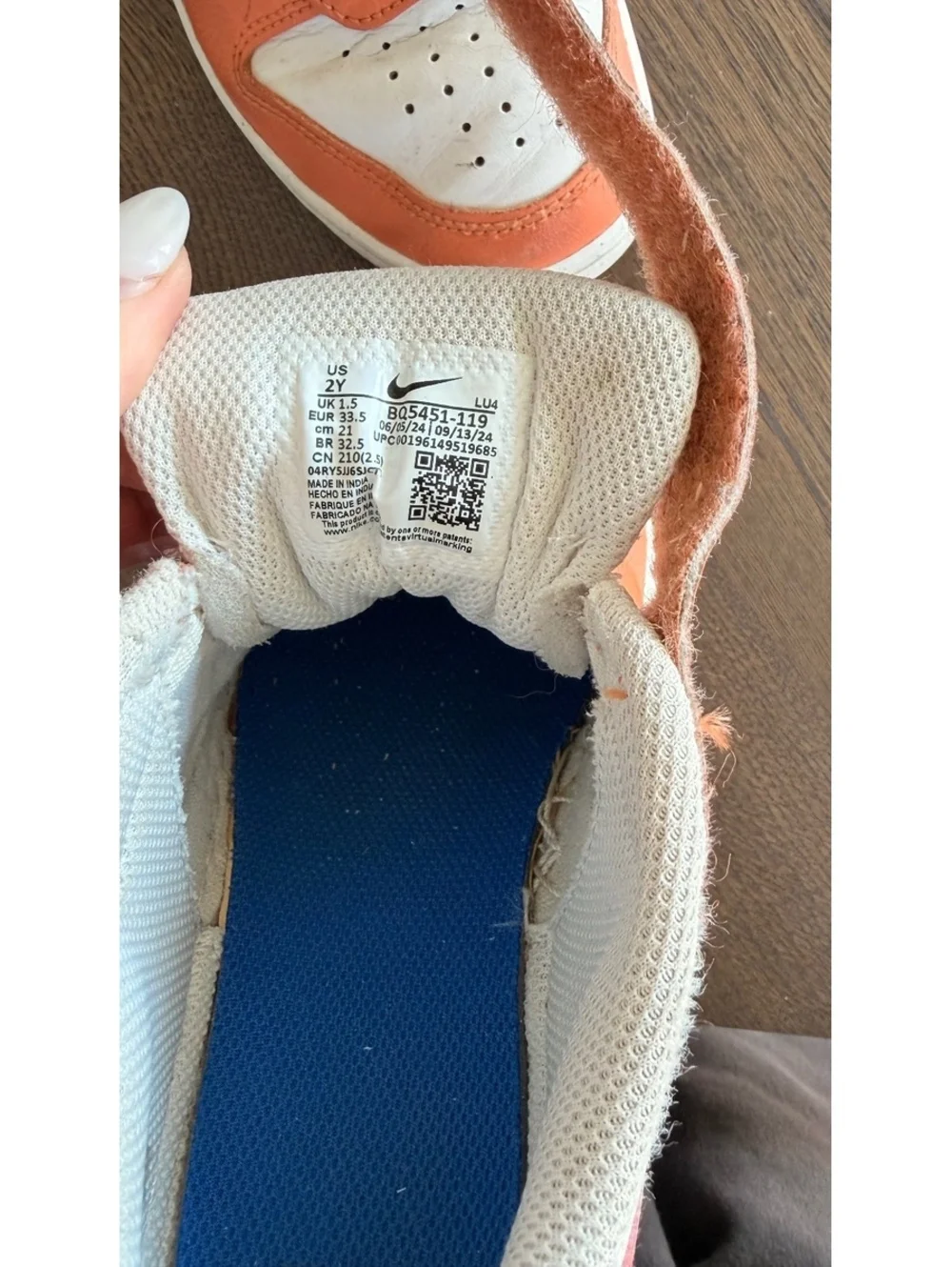 Nike Kids Sneakers Size 2Y Orange and White with Red Swoosh
